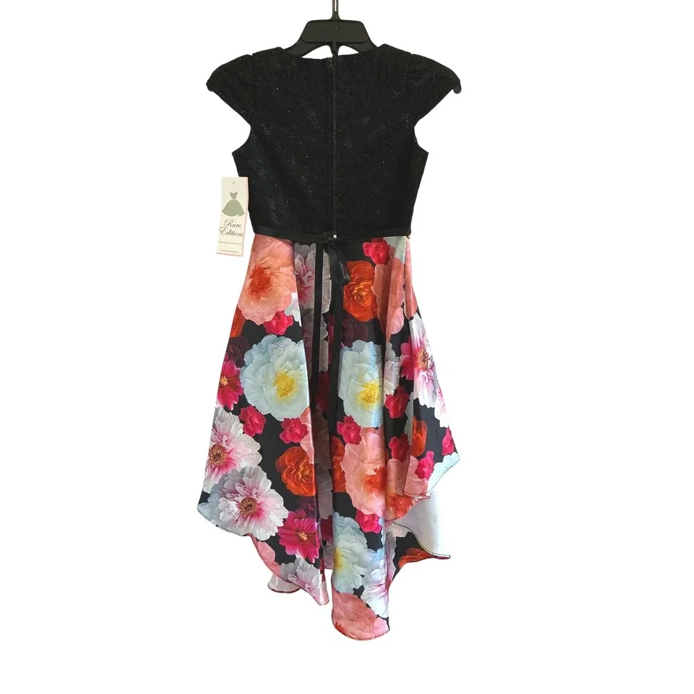 Rare Editions Girls Black Glitter Lace Floral Hi Low‎ Dress Size 10